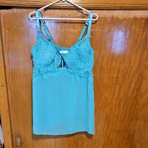 Lace Trim Teal Chemise Nightdress With Thong